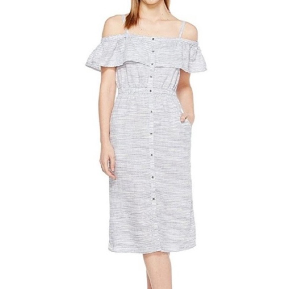 Lucky Brand Sundress Sz L Ruffle Off Shoulder Blue White NWT